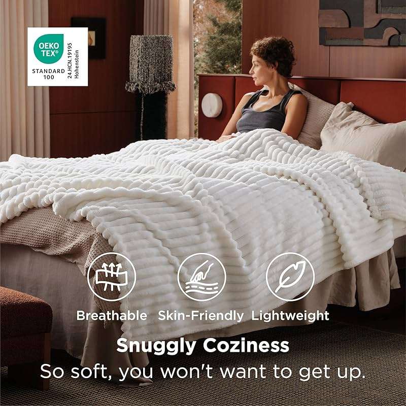 Bedsure GentleSoft Blankets Queen Size for Bed - Cozy Soft Sofa Couch Cover Blankets for Women, Cute Large Bedding Fleece Throws for Girls, Off White, 90x90 Inches - Image 5