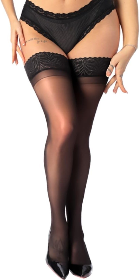 MERYLURE Thigh High Stockings Silicone Lace Top Stay Up Silk Semi Sheer Pantyhose for Women Hold Up Nylon Lingerie - Product Image