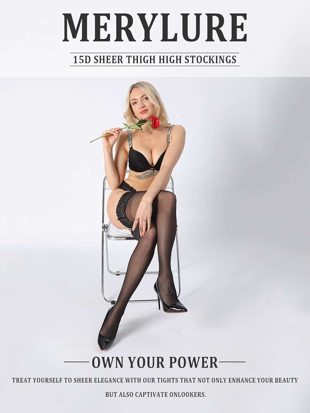 MERYLURE Thigh High Stockings Silicone Lace Top Stay Up Silk Semi Sheer Pantyhose for Women Hold Up Nylon Lingerie - Image 2
