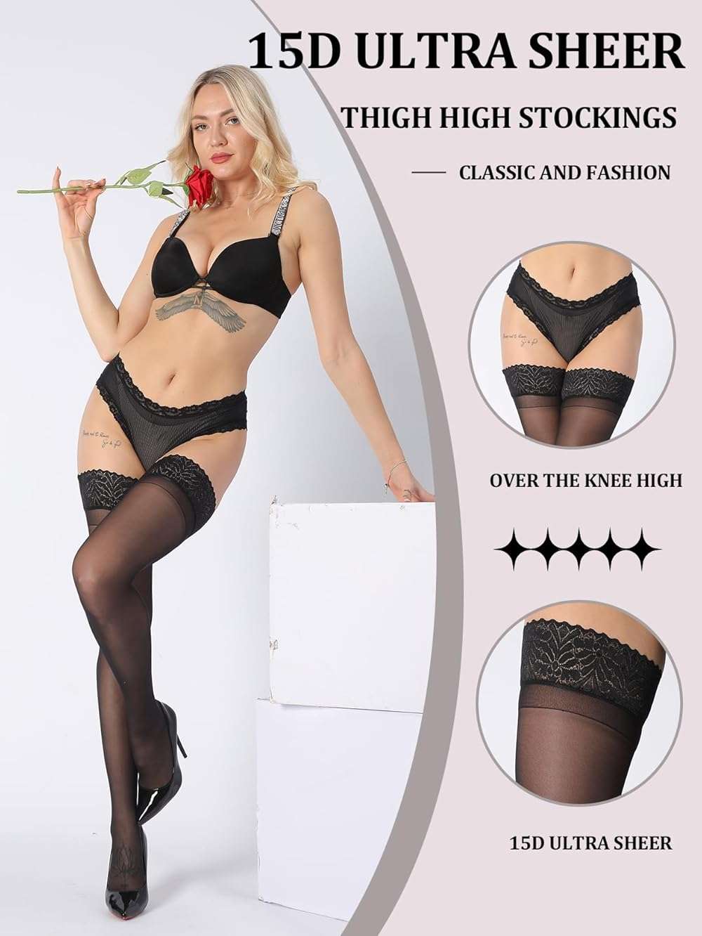 MERYLURE Thigh High Stockings Silicone Lace Top Stay Up Silk Semi Sheer Pantyhose for Women Hold Up Nylon Lingerie - Image 3