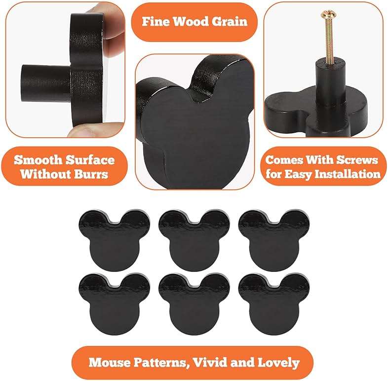 Waifairphy Wooden Mouse Cabinet Knobs with 2 Different Size Screws for Dresser Drawers,Wood Dresser Knobs for Kids Bedroom and Bathroom Decor,Kids Drawer pulls 6 Pack,Nursery Dresser knobs for Kids - Image 4