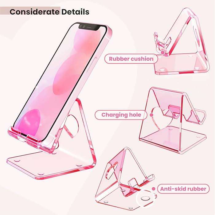 Crpich Acrylic Cell Phone Stand, Portable Phone Holder, Clear Pink Phone Stand for Desk, Compatible with Phone16 15 14 13 12 11 Pro Max SE, Switch, Android Smartphone, Pad, Tablet, Desk Accessories - Image 3