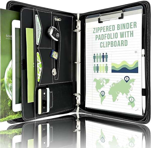 STYLIO Zipper Portfolio Binder | Padfolio 3 Ring Binder (1") and Clipboard Folio (Removable)| Portfolio Organizer for Documents, iPad, Tablet, Phone |Faux Leather Notebook Folio for Men & Women - Image 1