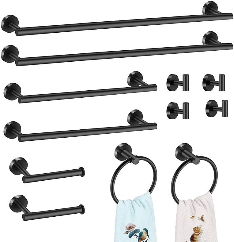 Merkaunis 12 PCS Bathroom Hardware Set, 24" and 16" Towel Bar Set Matte Black, SUS304 Stainless Steel Bathroom Accessories Set Wall Mounted for Master Bath and Kitchen (Round) - Product Image