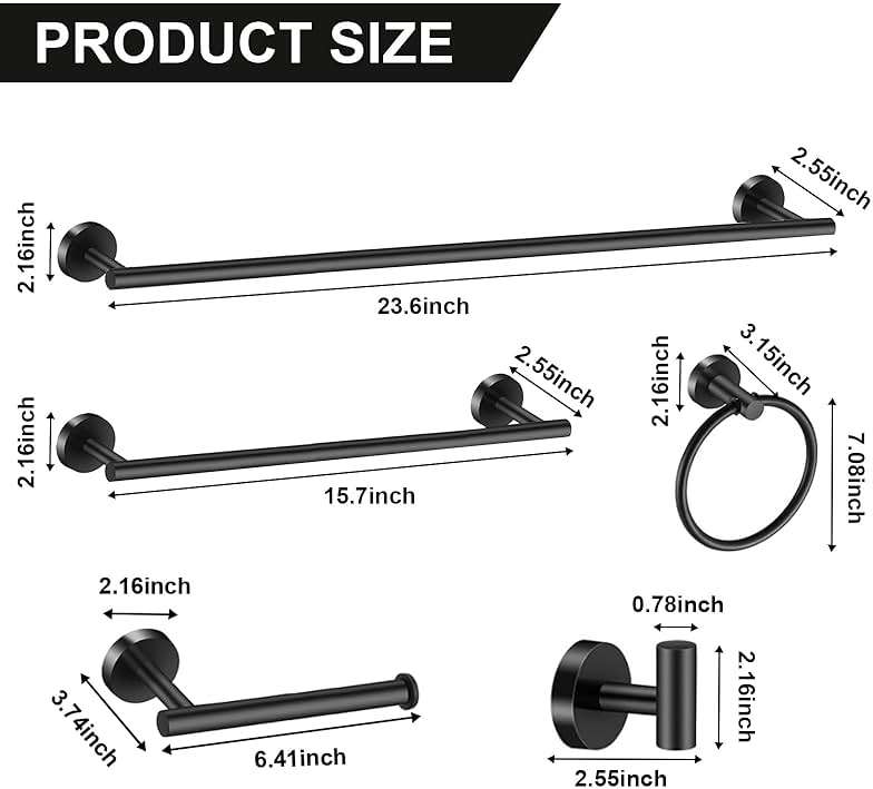 Merkaunis 12 PCS Bathroom Hardware Set, 24" and 16" Towel Bar Set Matte Black, SUS304 Stainless Steel Bathroom Accessories Set Wall Mounted for Master Bath and Kitchen (Round) - Image 3