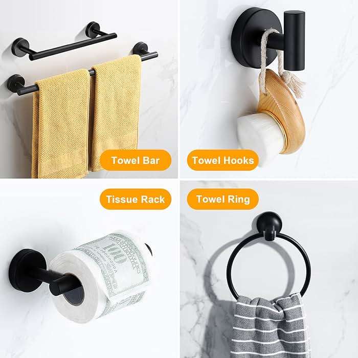 Merkaunis 12 PCS Bathroom Hardware Set, 24" and 16" Towel Bar Set Matte Black, SUS304 Stainless Steel Bathroom Accessories Set Wall Mounted for Master Bath and Kitchen (Round) - Image 4