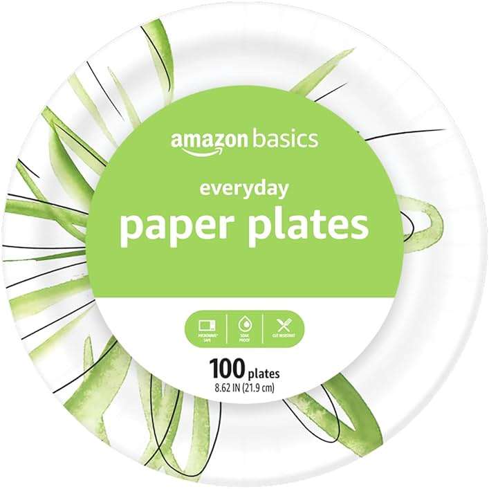 Amazon Basics Everyday Disposable Paper Plates, 8.62 Inch, Microwave-Safe, Cut Resistant, Soak-Proof, 100 Count, Packaging May Vary - Image 1