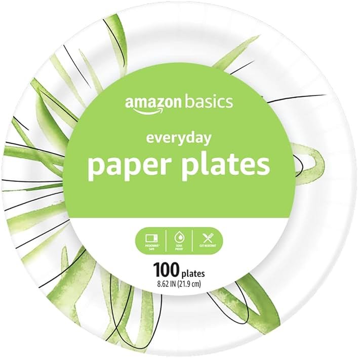 Amazon Basics Everyday Disposable Paper Plates, 8.62 Inch, Microwave-Safe, Cut Resistant, Soak-Proof, 100 Count, Packaging May Vary - Product Image