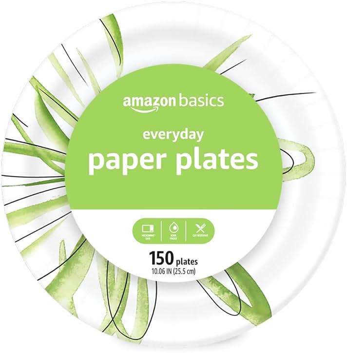 Amazon Basics Everyday Paper Plates, 10 Inch, Disposable, 150 Count, Packaging May Vary - Image 1