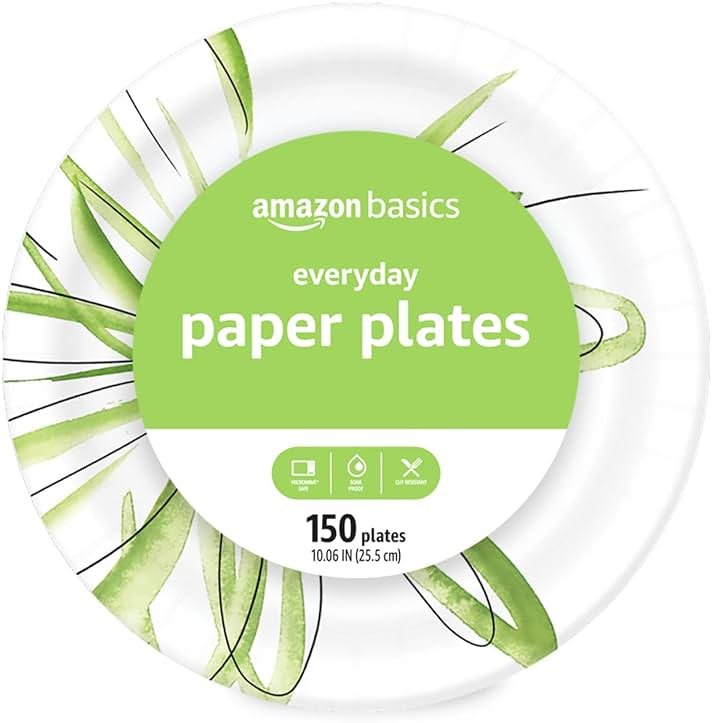 Amazon Basics Everyday Paper Plates, 10 Inch, Disposable, 150 Count, Packaging May Vary - Product Image