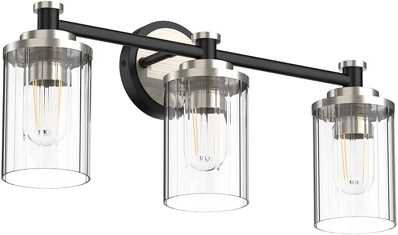 PHIXART Bathroom Lighting Fixtures Black and Brushed Nickel Bathroom Vanity Light with Cylindrical Clear Stripes Glass Lampshade E26 Socket Base Bathroom Lighting Fixtures Over Mirror (3 Lights) - Product Image