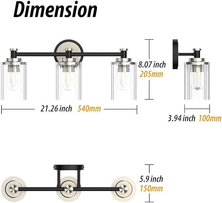 PHIXART Bathroom Lighting Fixtures Black and Brushed Nickel Bathroom Vanity Light with Cylindrical Clear Stripes Glass Lampshade E26 Socket Base Bathroom Lighting Fixtures Over Mirror (3 Lights) - Image 2