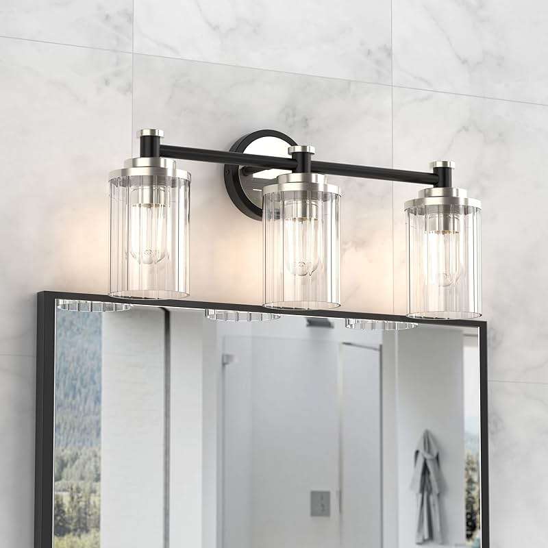 PHIXART Bathroom Lighting Fixtures Black and Brushed Nickel Bathroom Vanity Light with Cylindrical Clear Stripes Glass Lampshade E26 Socket Base Bathroom Lighting Fixtures Over Mirror (3 Lights) - Image 3