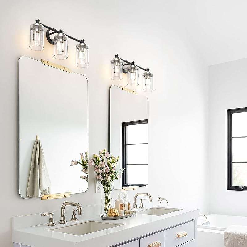 PHIXART Bathroom Lighting Fixtures Black and Brushed Nickel Bathroom Vanity Light with Cylindrical Clear Stripes Glass Lampshade E26 Socket Base Bathroom Lighting Fixtures Over Mirror (3 Lights) - Image 5