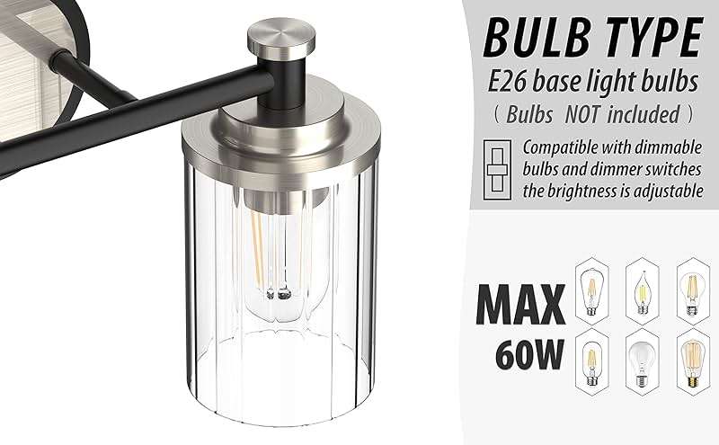 PHIXART Bathroom Lighting Fixtures Black and Brushed Nickel Bathroom Vanity Light with Cylindrical Clear Stripes Glass Lampshade E26 Socket Base Bathroom Lighting Fixtures Over Mirror (3 Lights) - Image 7