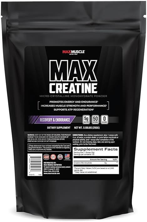 Max Muscle Ultra Pure Creatine Monohydrate Powder 5000 mg (5 Grams) | 3rd Party Purity Tested | 100% Micronized and Unflavored for Maximum Absorption | Keto Friendly | 8.8 Ounces | 50 Servings - Product Image