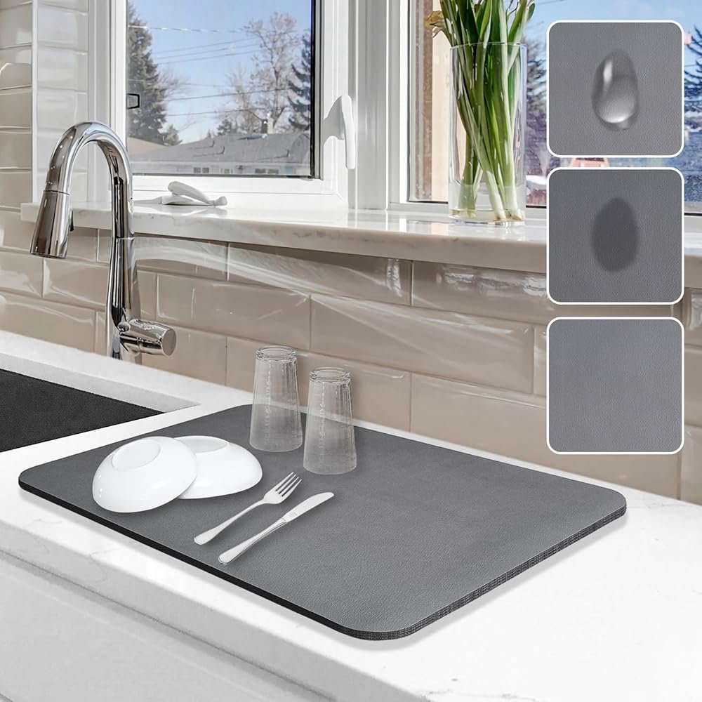 Dish Drying Mat for Kitchen Counter, 12"x19" Dish Drying Pad with Non-slip Rubber Backed, Hide Stain Anti Absorbent for Kitchen Counter, Drying Mat for Coffee Machine Dish Rack (Grey) - Product Image