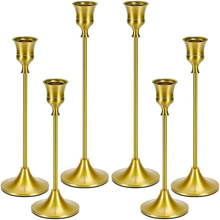 Candle Holder Gold Taper Candlestick Holders - Table Décor Brass Golden Pillar Candle Sticks Holder Set of 6, Antique Fireplace Decor Tapered Bulk Candelabra for Wedding, Christmas - Product Image