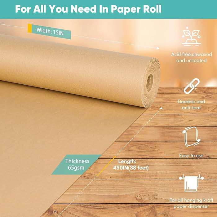 Vanhench Brown Wrapping/Packing Paper Roll 15"×450" (38') for Moving Boxes Supplies, Craft Kraft Paper Roll for Birthday Gift Wrap Floral Bouquet Flower, Poster Bulletin Board Paper - Image 2