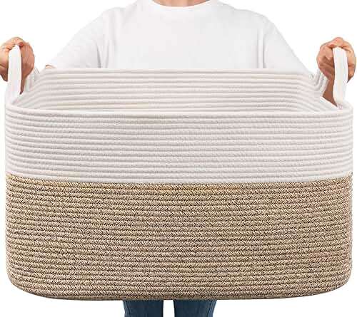 Goodpick Large Woven Blanket Basket, 21.6" x 14.9" x 11.8" Storage Baskets for Organizing, Rectangle Cotton Rope Toy Basket for Living Room, Bedroom, White & Brown - Image 1
