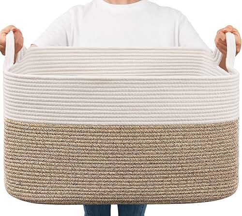 Goodpick Large Woven Blanket Basket, 21.6" x 14.9" x 11.8" Storage Baskets for Organizing, Rectangle Cotton Rope Toy Basket for Living Room, Bedroom, White & Brown - Product Image