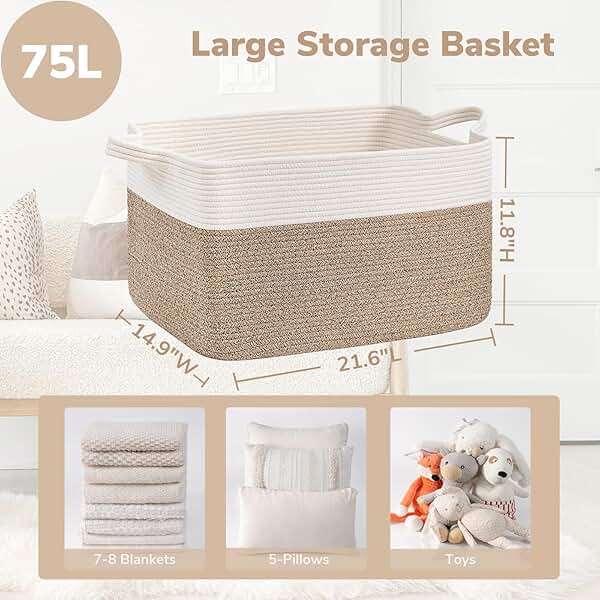 Goodpick Large Woven Blanket Basket, 21.6" x 14.9" x 11.8" Storage Baskets for Organizing, Rectangle Cotton Rope Toy Basket for Living Room, Bedroom, White & Brown - Image 2