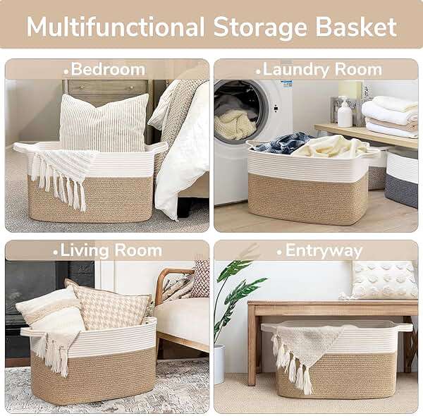 Goodpick Large Woven Blanket Basket, 21.6" x 14.9" x 11.8" Storage Baskets for Organizing, Rectangle Cotton Rope Toy Basket for Living Room, Bedroom, White & Brown - Image 4