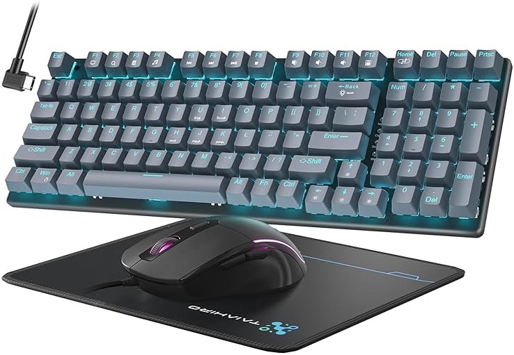 Mechanical Gaming Keyboard and Mouse, LED Backlit 98-Key Floating Keycap & 4 DPI RGB Gaming Mouse with Mouse Pad, Full Anti-Ghost Light Up Wired Computer Keyboards for MAC PC Gamer Accessories, Gray - Product Image