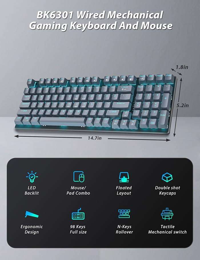 Mechanical Gaming Keyboard and Mouse, LED Backlit 98-Key Floating Keycap & 4 DPI RGB Gaming Mouse with Mouse Pad, Full Anti-Ghost Light Up Wired Computer Keyboards for MAC PC Gamer Accessories, Gray - Image 2