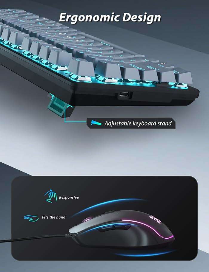 Mechanical Gaming Keyboard and Mouse, LED Backlit 98-Key Floating Keycap & 4 DPI RGB Gaming Mouse with Mouse Pad, Full Anti-Ghost Light Up Wired Computer Keyboards for MAC PC Gamer Accessories, Gray - Image 6