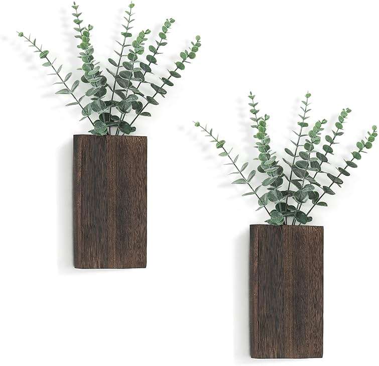 Dahey 2 Pack Wood Wall Planter Vase with Artificial Eucalyptus Farmhouse Wall Hanging Decor Pocket Planter for Indoor Fake Plants Greenery, Living Room Bedroom Kitchen Home Office Decoration - Image 1