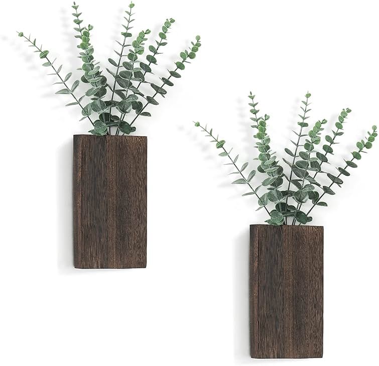 Dahey 2 Pack Wood Wall Planter Vase with Artificial Eucalyptus Farmhouse Wall Hanging Decor Pocket Planter for Indoor Fake Plants Greenery, Living Room Bedroom Kitchen Home Office Decoration - Product Image