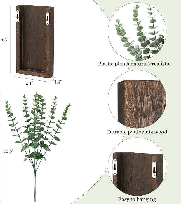 Dahey 2 Pack Wood Wall Planter Vase with Artificial Eucalyptus Farmhouse Wall Hanging Decor Pocket Planter for Indoor Fake Plants Greenery, Living Room Bedroom Kitchen Home Office Decoration - Image 3