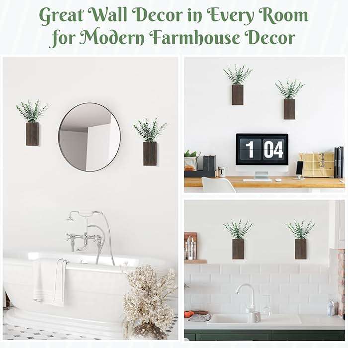 Dahey 2 Pack Wood Wall Planter Vase with Artificial Eucalyptus Farmhouse Wall Hanging Decor Pocket Planter for Indoor Fake Plants Greenery, Living Room Bedroom Kitchen Home Office Decoration - Image 5