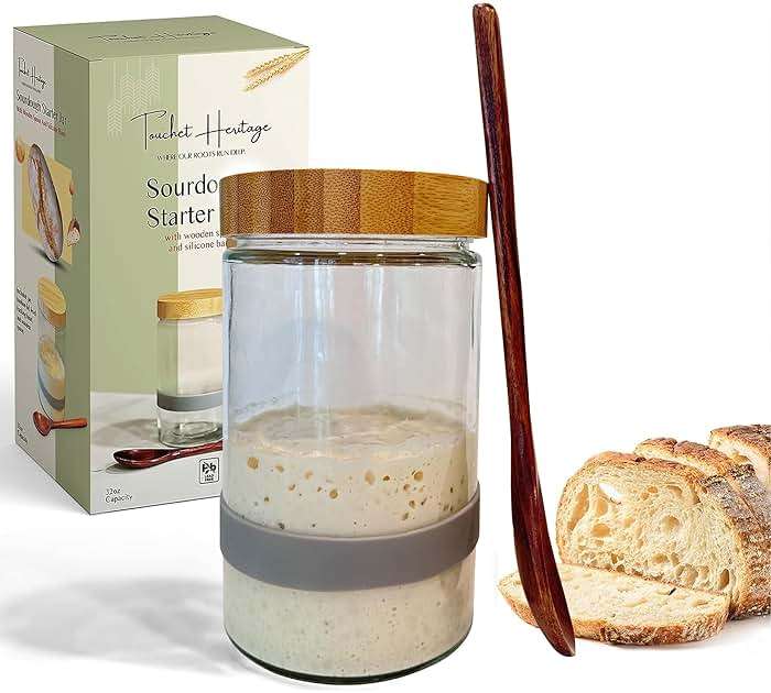 Touchet Heritage Sourdough Starter Jar (32oz) | Sourdough Starter Kit | Thick, Durable Glass w/Bamboo Lid | 6.5” x 4" | Wide Mouth Glass Jar for Sourdough with Wooden Spoon & Silicone Measuring Band - Image 1
