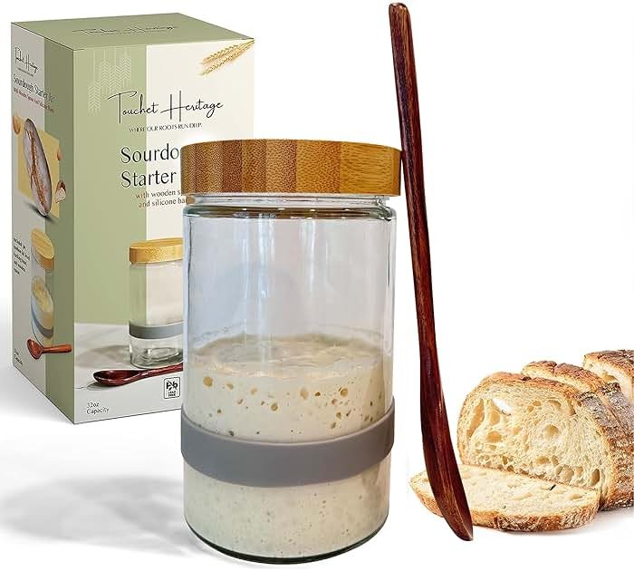 Touchet Heritage Sourdough Starter Jar (32oz) | Sourdough Starter Kit | Thick, Durable Glass w/Bamboo Lid | 6.5” x 4" | Wide Mouth Glass Jar for Sourdough with Wooden Spoon & Silicone Measuring Band - Product Image