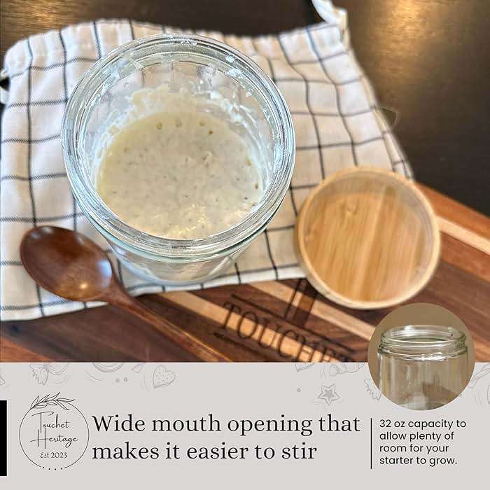 Touchet Heritage Sourdough Starter Jar (32oz) | Sourdough Starter Kit | Thick, Durable Glass w/Bamboo Lid | 6.5” x 4" | Wide Mouth Glass Jar for Sourdough with Wooden Spoon & Silicone Measuring Band - Image 4