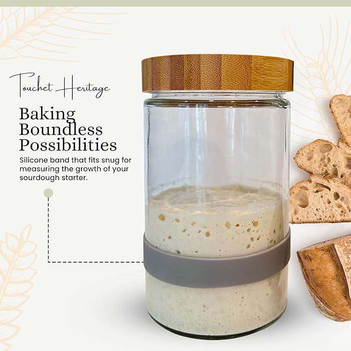 Touchet Heritage Sourdough Starter Jar (32oz) | Sourdough Starter Kit | Thick, Durable Glass w/Bamboo Lid | 6.5” x 4" | Wide Mouth Glass Jar for Sourdough with Wooden Spoon & Silicone Measuring Band - Image 5