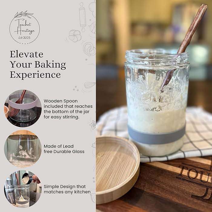 Touchet Heritage Sourdough Starter Jar (32oz) | Sourdough Starter Kit | Thick, Durable Glass w/Bamboo Lid | 6.5” x 4" | Wide Mouth Glass Jar for Sourdough with Wooden Spoon & Silicone Measuring Band - Image 6