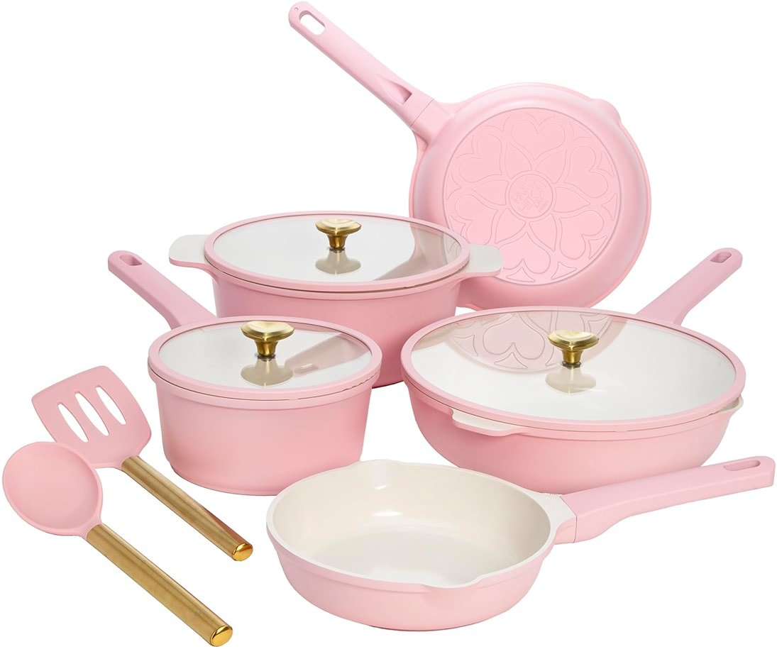 Paris Hilton Ceramic Nonstick Pots and Pans, Cookware Set, Cast Aluminum With Dual Layer Non Stick Coating, Made Without PFAS PFOA PFOS And PTFE, Dishwasher Safe, 10-Piece, Pink - Product Image