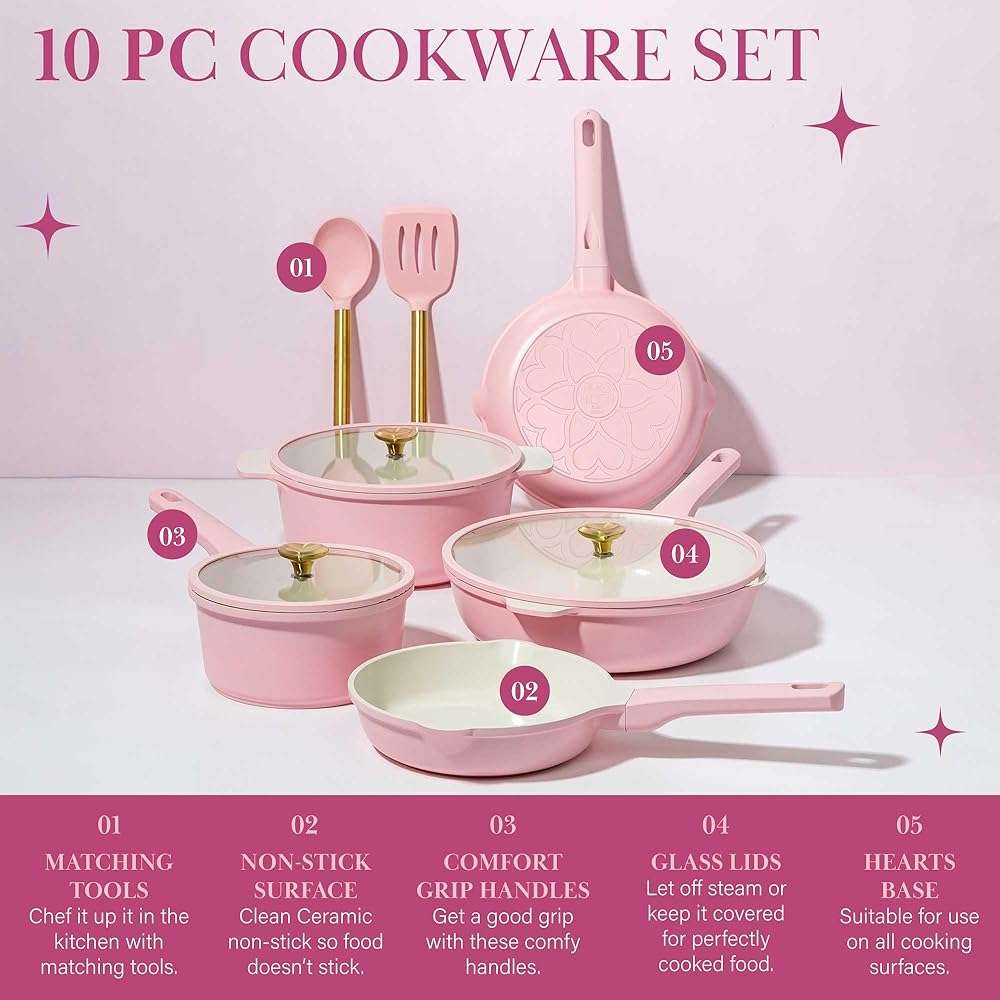 Paris Hilton Ceramic Nonstick Pots and Pans, Cookware Set, Cast Aluminum With Dual Layer Non Stick Coating, Made Without PFAS PFOA PFOS And PTFE, Dishwasher Safe, 10-Piece, Pink - Image 2
