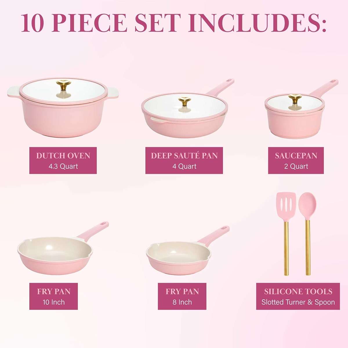 Paris Hilton Ceramic Nonstick Pots and Pans, Cookware Set, Cast Aluminum With Dual Layer Non Stick Coating, Made Without PFAS PFOA PFOS And PTFE, Dishwasher Safe, 10-Piece, Pink - Image 3