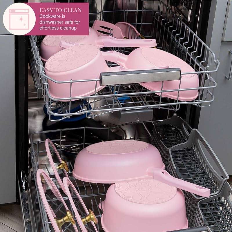 Paris Hilton Ceramic Nonstick Pots and Pans, Cookware Set, Cast Aluminum With Dual Layer Non Stick Coating, Made Without PFAS PFOA PFOS And PTFE, Dishwasher Safe, 10-Piece, Pink - Image 5