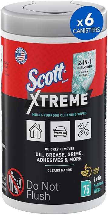 Scott Shop Original Xtreme Multi-Purpose Cleaning Wipes (54591), Heavy Duty Textured Extreme Clean Wiper with Citrus Scent, 9"x7" Wipe (6 Canisters of 75 Sheets, 450 Sheet Total) - Image 1