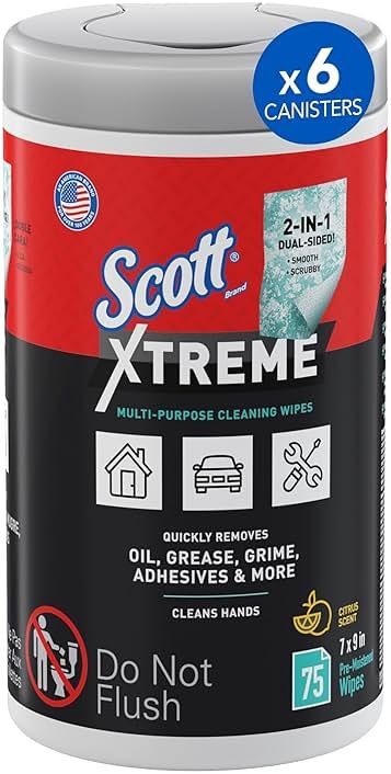 Scott Shop Original Xtreme Multi-Purpose Cleaning Wipes (54591), Heavy Duty Textured Extreme Clean Wiper with Citrus Scent, 9"x7" Wipe (6 Canisters of 75 Sheets, 450 Sheet Total) - Product Image