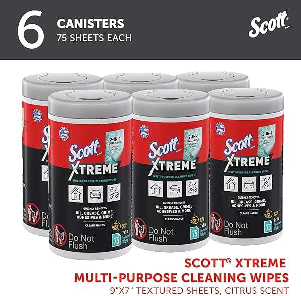 Scott Shop Original Xtreme Multi-Purpose Cleaning Wipes (54591), Heavy Duty Textured Extreme Clean Wiper with Citrus Scent, 9"x7" Wipe (6 Canisters of 75 Sheets, 450 Sheet Total) - Image 2