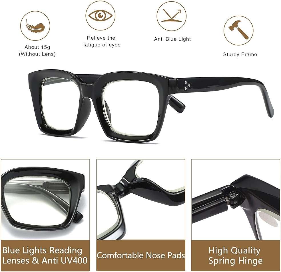 Readers for Women Fashion Style Square Reading Glasses with Spring Hinge Blue Light Blocking for Men Ladies - Image 5