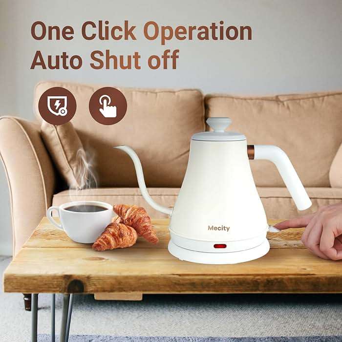 Mecity Electric Kettle Stainless Steel Gooseneck Water Kettle Water Boiler for Pour Over Coffee Fast Heating, Auto Shut Off, 27 fl oz, 1000W, Milk White - Image 4