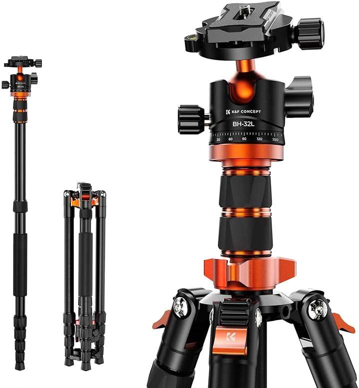 K&F CONCEPT 78 inch/198cm Aluminum Camera Tripod, Orange, Ball Head, 26.4 lbs Load Capacity, Compact & Lightweight for DSLR Cameras - Image 1