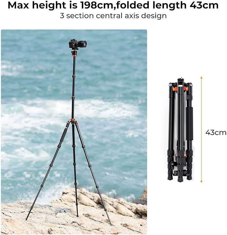 K&F CONCEPT 78 inch/198cm Aluminum Camera Tripod, Orange, Ball Head, 26.4 lbs Load Capacity, Compact & Lightweight for DSLR Cameras - Image 3